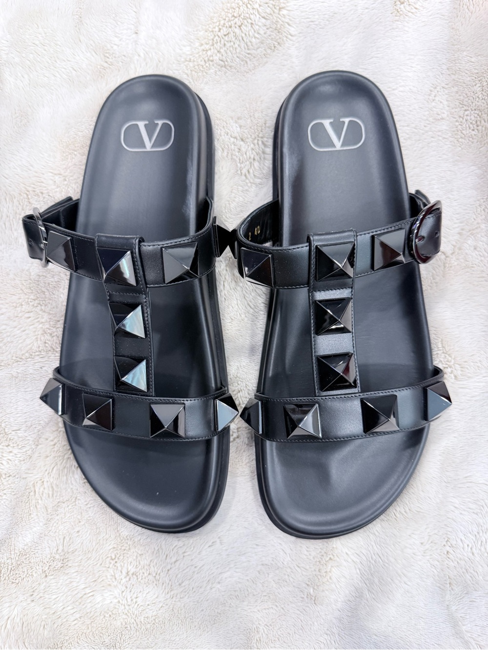 Valentino Black Leather Rockstud Double-Strap Sandals (Size 40 - fits US 9)